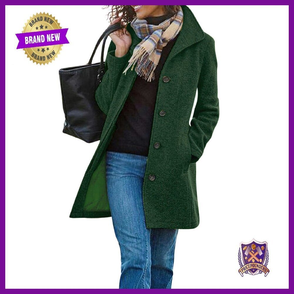 Women's Wool Blend Pea Coat Stand Collar Single Breasted Thigh Length